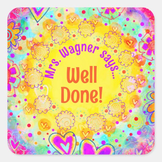 Personalisiert-Gelbe Blütenlehrer Motivierend Quadratischer Aufkleber (Vorderseite)