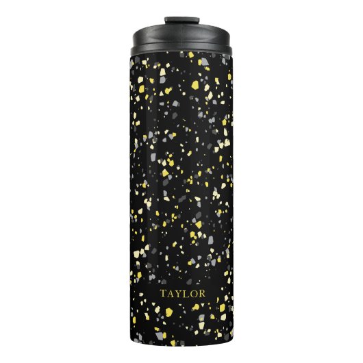 Personalisiert geometrisch-gelb-graue Terrazzo Thermosbecher (Vorderseite)