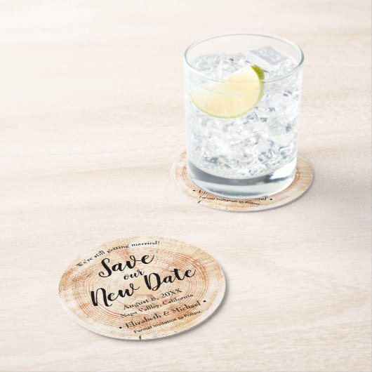 Personalisiert Gerettet unser neues Datum Holzdruc Runder Pappuntersetzer (Vor Ort)