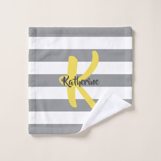 Personalisiert gestrichen Weiß Grau und Gelb Badhandtuch Set (Waschlappen)