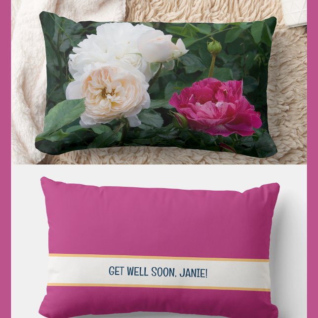 Personalisiert Get Well bald Coworker Friend Rose Lendenkissen (Modern, elegant Get Well Soon personalized name accent pillow. Photo of cream & streaked pink roses)
