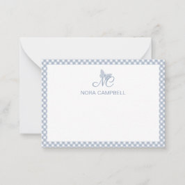 Personalisiert Gingham Dusty Blue Elegant Monogram Mitteilungskarte