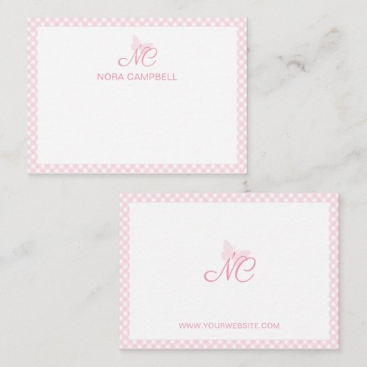 Personalisiert Gingham Girly Baby Pink Monogram Mitteilungskarte (Vorne/Hinten)