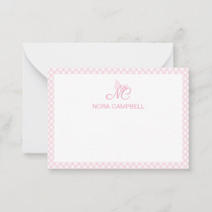 Personalisiert Gingham Girly Baby Pink Monogram Mitteilungskarte