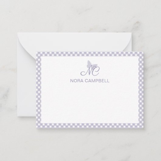 Personalisiert Gingham Lavender Elegant Monogram Mitteilungskarte (Vorderseite)