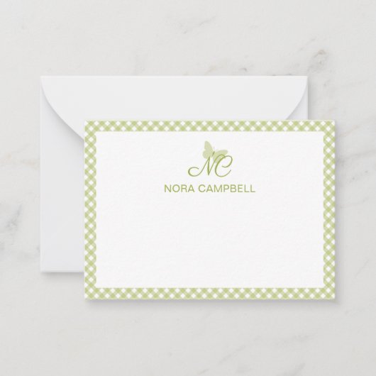 Personalisiert Gingham Light Green Monogram Mitteilungskarte (Vorderseite)