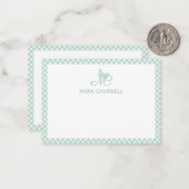 Personalisiert Gingham Mint Green Butterfly Monogr Mitteilungskarte (Vorderseite/Rückseite Beispiel)