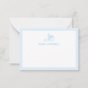 Personalisiert Gingham Niedlich Baby Blue Monogram Mitteilungskarte