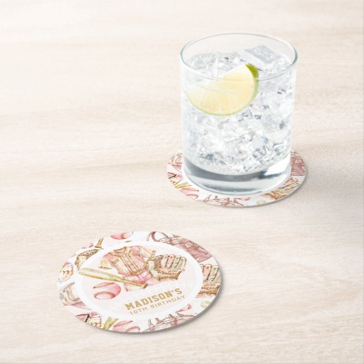 Personalisiert Girl Birthday Baseball Runder Pappuntersetzer (Vor Ort)