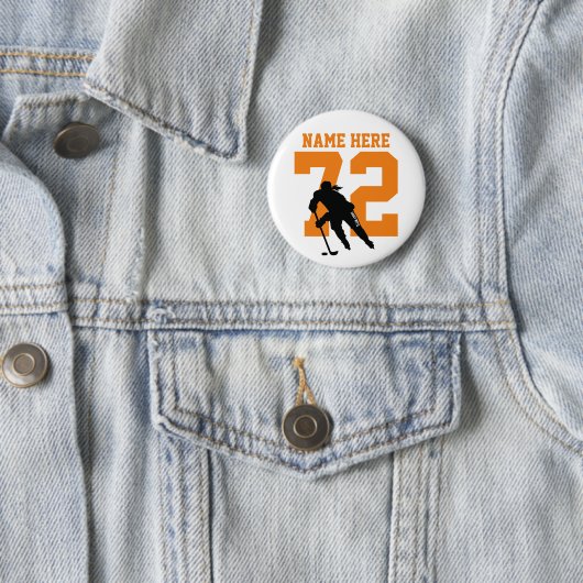 Personalisiert Girls Hockey Name Number Orange Button (Beispiel)