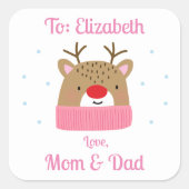 Personalisiert Girls Reindeer Weihnachtsgeschenk Quadratischer Aufkleber (Vorderseite)