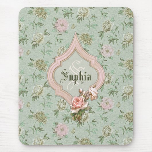 Personalisiert Girly Chic Green und Pink Floral Mousepad (Vorne)