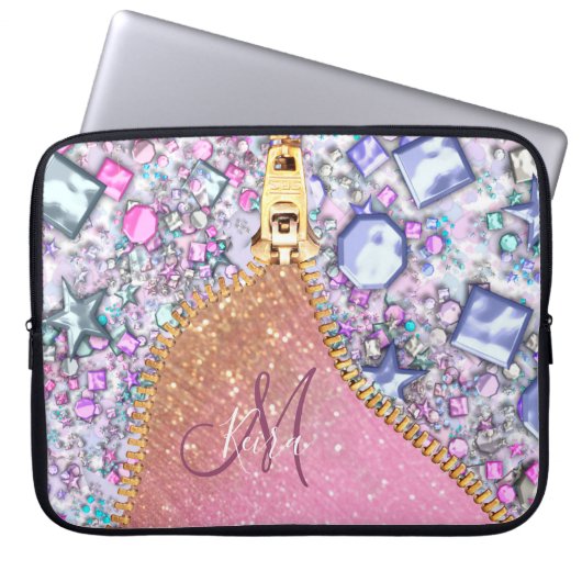 Personalisiert Girly Gold Glitzer Mit Monogramm Ro Laptopschutzhülle (Vorderseite)