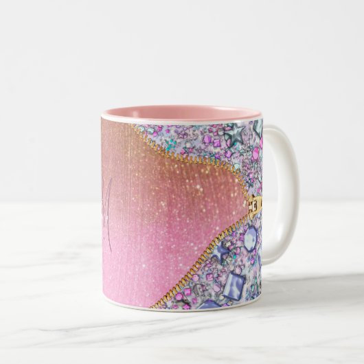 Personalisiert Girly Gold Glitzer Mit Monogramm Ro Zweifarbige Tasse (VorderseiteRechts)