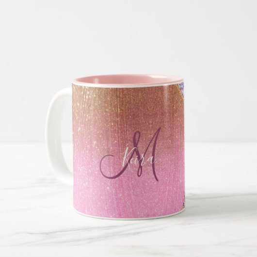 Personalisiert Girly Gold Glitzer Mit Monogramm Ro Zweifarbige Tasse (Vorderseite Links)