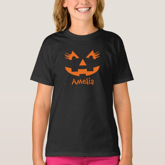 Personalisiert Girly Kürbislaterne Halloween T-Shirt (Vorderseite)