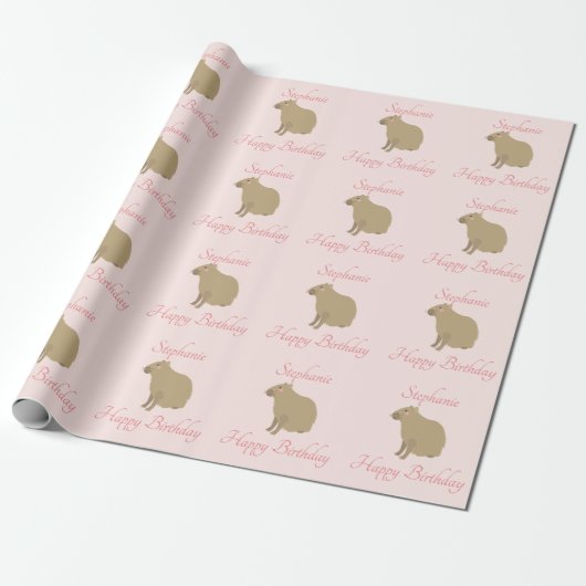 Personalisiert Girly Pink Capybara Muster Geburtst Geschenkpapier (Ungerollt)