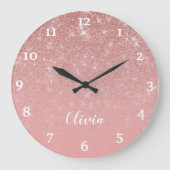 Personalisiert Girly Rose Gold Glitzer Glam Ombre Große Wanduhr (Vorderseite)