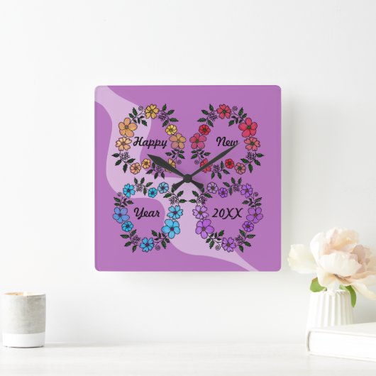 PERSONALISIERT GLÜCKLICHES NEUJAHR 20XX & BLUME KR QUADRATISCHE WANDUHR (Zuhause)
