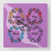 PERSONALISIERT GLÜCKLICHES NEUJAHR 20XX & BLUME KR QUADRATISCHE WANDUHR (Vorderseite)