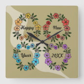 PERSONALISIERT GLÜCKLICHES NEUJAHR 20XX & BLUME KR QUADRATISCHE WANDUHR (Vorderseite)