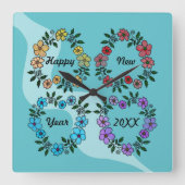 PERSONALISIERT GLÜCKLICHES NEUJAHR 20XX & BLUME KR QUADRATISCHE WANDUHR (Vorderseite)