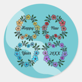 PERSONALISIERT GLÜCKLICHES NEUJAHR 20XX & BLUME KR RUNDER AUFKLEBER