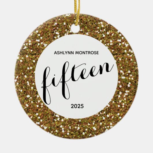 Personalisiert Gold Glitzer 15. Geburtstag Keramik Ornament (Vorne)