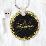 Personalisiert Gold Glitzer Black Glam Schlüsselanhänger<br><div class="desc">Dieser luxuriöse vergoldete Glitzer aus vergoldetem Gold wird mit Ihrem individuelle Name und Monogramm ganz einfach zu einem gerahmten Schlüsselanhänger.</div>