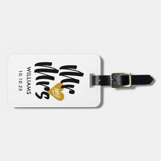 Personalisiert Gold Heart Mr. and Mrs. Gepäckanhänger (Vorderseite horizontal)