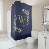Personalisiert Gold Monogram Greenery Navy Blue Duschvorhang (Beispiel)