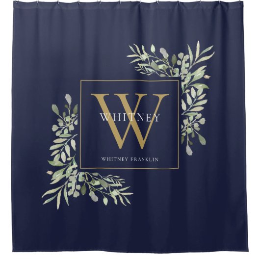 Personalisiert Gold Monogram Greenery Navy Blue Duschvorhang (Vorderseite)