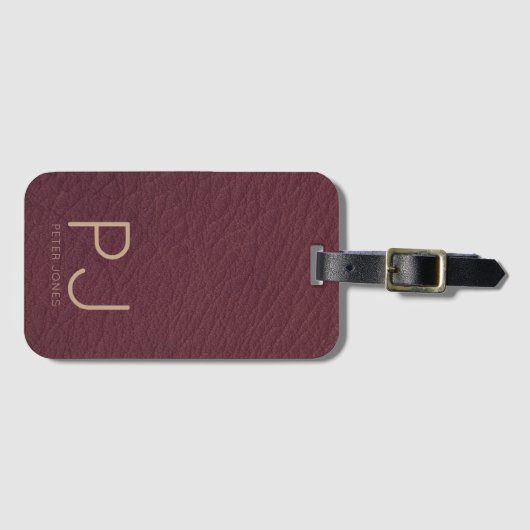 Personalisiert Gold Monogram Simple Burgundy Leath Gepäckanhänger (Vorderseite (Horizontal))