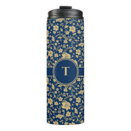 Personalisiert Gold Navy Floral Tumbler Thermosbecher