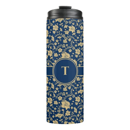 Personalisiert Gold Navy Floral Tumbler Thermosbecher (Vorderseite)