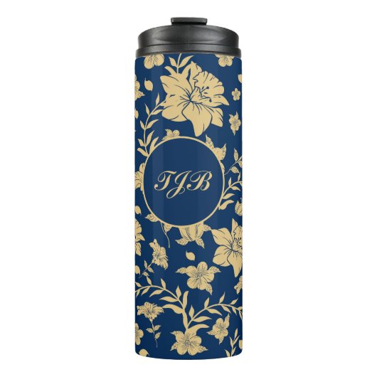 Personalisiert Gold Navy Floral Tumbler Thermosbecher (Vorderseite)