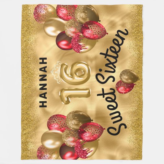 Personalisiert Gold Red Glitzer Balloons Sweet 16 Fleecedecke (Vorderseite)
