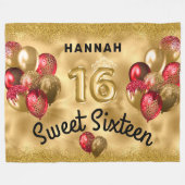 Personalisiert Gold Red Glitzer Balloons Sweet 16 Fleecedecke (Vorderseite (Horizontal))
