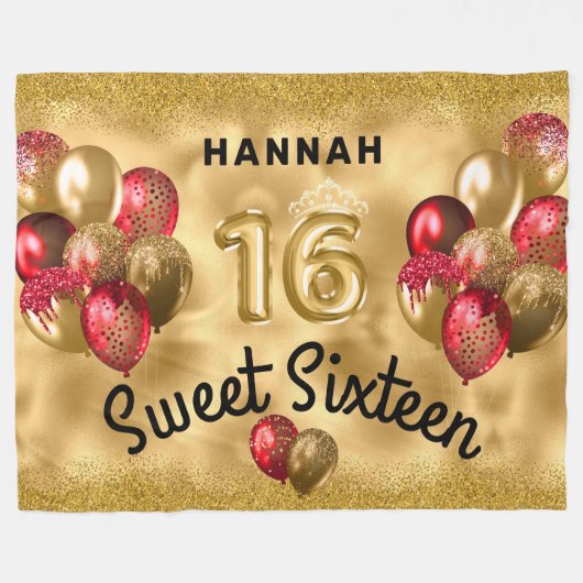 Personalisiert Gold Red Glitzer Balloons Sweet 16 Fleecedecke (Vorderseite (Horizontal))