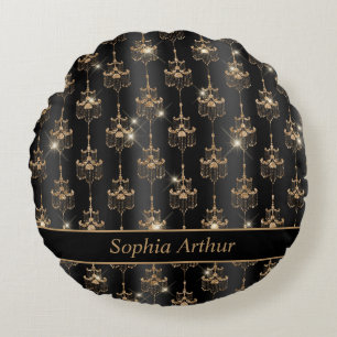 Personalisiert Gold Sparkle Kronier Pattern Schwar Rundes Kissen