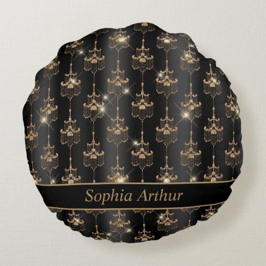Personalisiert Gold Sparkle Kronier Pattern Schwar Rundes Kissen (Rückseite)