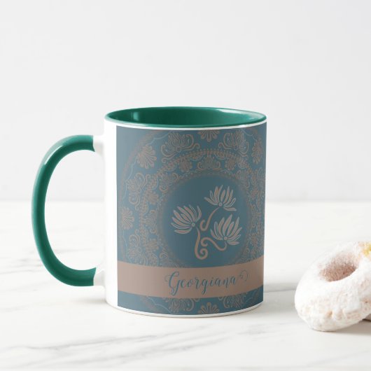 Personalisiert Golden Aquamarin Rokoko Lotus Dot M Tasse (Mit Donut)