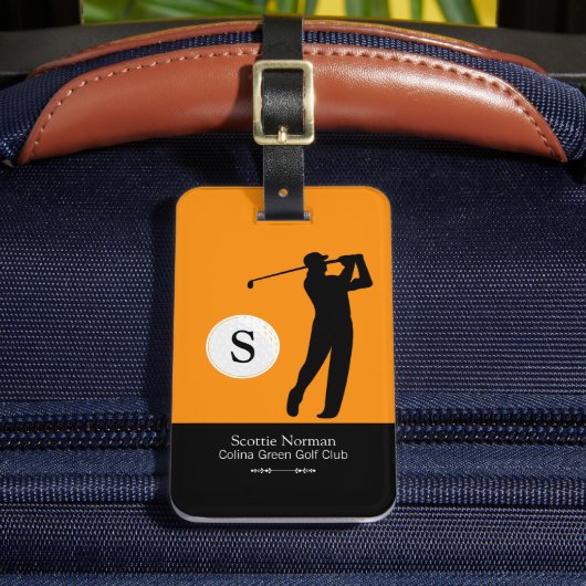 Personalisiert Golfer Monogramm Orange/Schwarz Gepäckanhänger (Vorderseite Insitu 2)