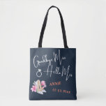 Personalisiert Goodbye Miss Hallo Mrs. Tasche<br><div class="desc">Personalisiert Goodbye Miss Hallo Mrs. Blue Tote Tasche. Das Design hat einen blauen Hintergrund mit dem Zitat "GOODBYE MISS HELLO MRS." und Platz, um den Namen der Braut in Weiß hinzuzufügen. Es kann durch Änderung des Namens der Braut angepasst werden. Für weitere Anpassungen, fühlen Sie sich frei, mir durch meine...</div>