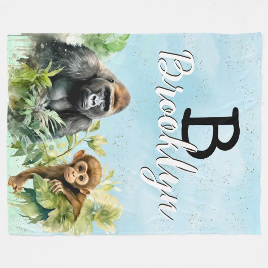 Personalisiert Gorilla Chimpanze Jungle Monogram Fleecedecke (Vorderseite (Horizontal))