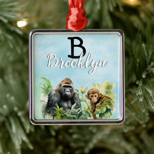 Personalisiert Gorilla Chimpanze Jungle Monogram Ornament Aus Metall (Baum)