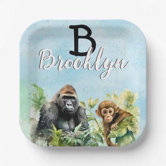 Personalisiert Gorilla Chimpanze Jungle Monogram Pappteller (Vorderseite)