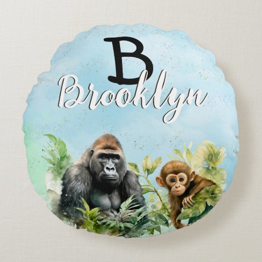 Personalisiert Gorilla Chimpanze Jungle Monogram Rundes Kissen (Vorderseite)