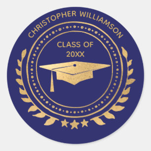 Personalisiert Graduate Gold Blue Monogram Runder Aufkleber