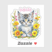 Personalisiert Grau Kitten und Blume Wasserfarbe Aufkleber (Blatt)